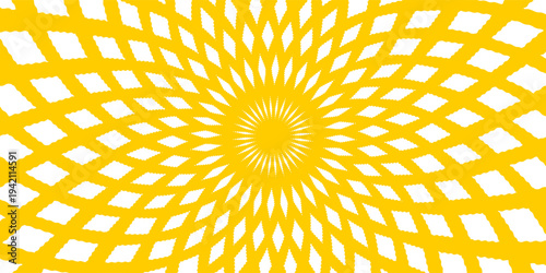 Yellow sun with wavy rays background. Poster with sunburst, sunrise or sunset in trendy 60 s 70s 80s groovy style. Preppy summer theme background. Modern psychedelic print. Vector flat illustration.