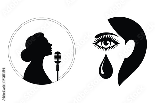 Singer silhouette with vintage microphone and crying woman eye