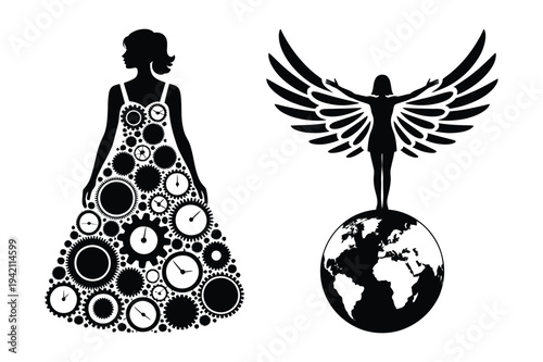 Woman in gear dress and angel over earth icon