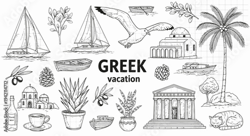 Relaxing Greek Vacation Scene with Tropical Palm Trees and Sailboats