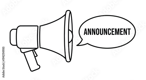 Simple line drawing of a megaphone with the word announcement in a speech bubble