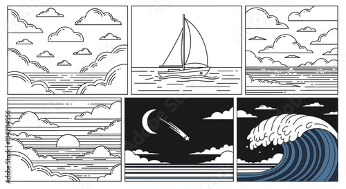 Scenic Sunset Over the Ocean with Sailing Boat and Waves