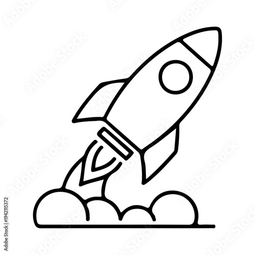 Rocket launch icon, line art space ship taking off with smoke trail