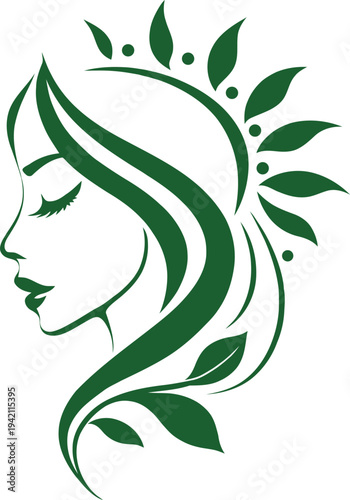 Elegant female face silhouette with leaf-style hair and natural elements. Ideal for organic skincare brands, herbal cosmetics, spa centers, beauty salons and eco-friendly wellness businesses.