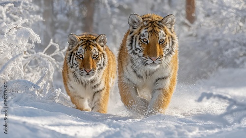 Playful, gorgeous young Siberian tigers prowl through snowy habitats.