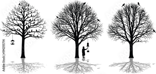 Peaceful black silhouette of three bare trees with birds and bird feeders including a person feeding wildlife for nature conservation and garden decoration themes.