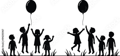 Detailed black silhouette of happy children jumping and playing with balloons in a grassy field for childhood joy, celebration, and summer outdoor activity concepts.