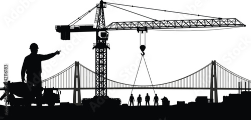 Detailed black silhouette of a construction site featuring a large crane, bridge, workers, and a foreman for industrial engineering, urban development