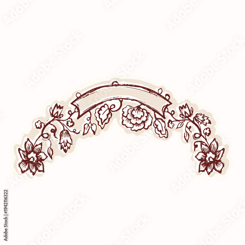 Hand drawn floral swirl bough flourish illustration motif. Isolated black and white modern vintage botanical flower embellisment design.