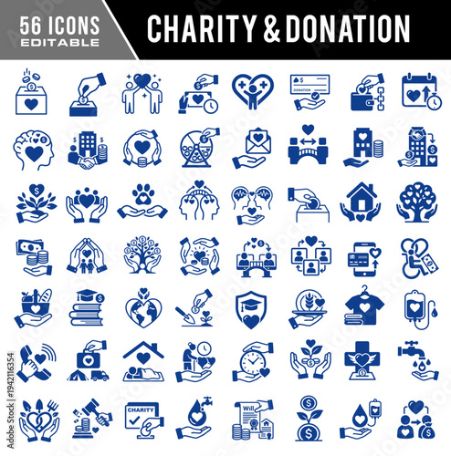 Huge set of 56 charity and donation icons. Symbols for non-profit organizations, medical aid, social welfare, volunteering, financial giving, humanitarian help, and healthcare services.
