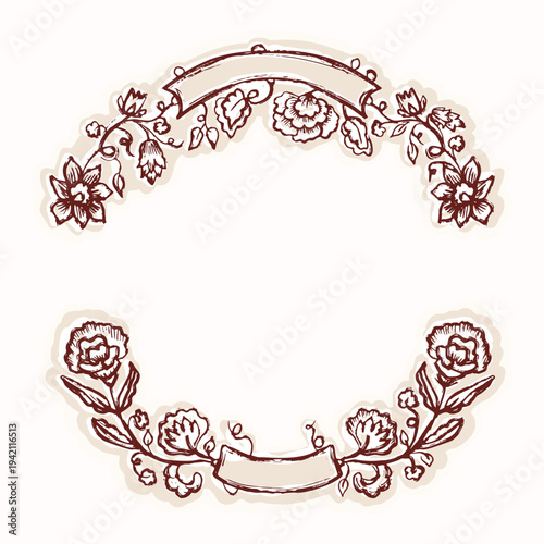 Hand drawn floral swirl bough flourishcurved frame illustration motif. Isolated black and white modern vintage botanical flower embellisment design.