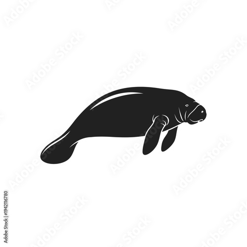 Silhouette of a manatee swimming in the ocean, isolated on white background.