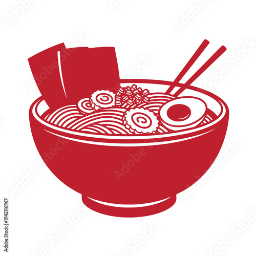 red illustration of a bowl of ramen noodles with egg slices and chopsticks  Japanese food