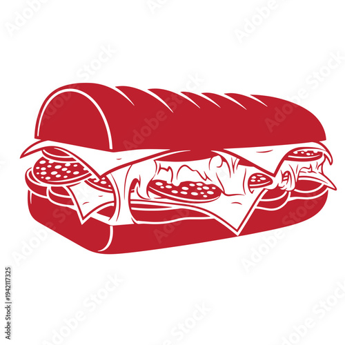 Red sandwich with ham and pepperoni slices inside on white background