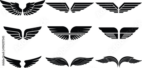 Collection of various wing logos and icons in different styles and colors