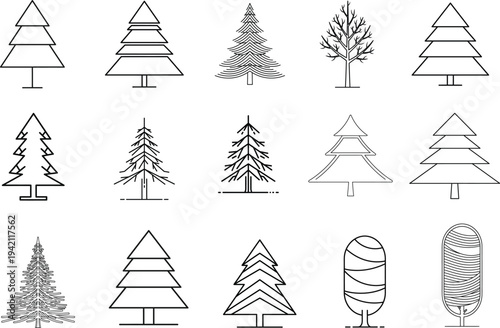 Collection of various tree icons in different styles and shapes