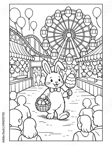 Happy easter bunny at carnival funfair coloring page with ferris wheel and eggs