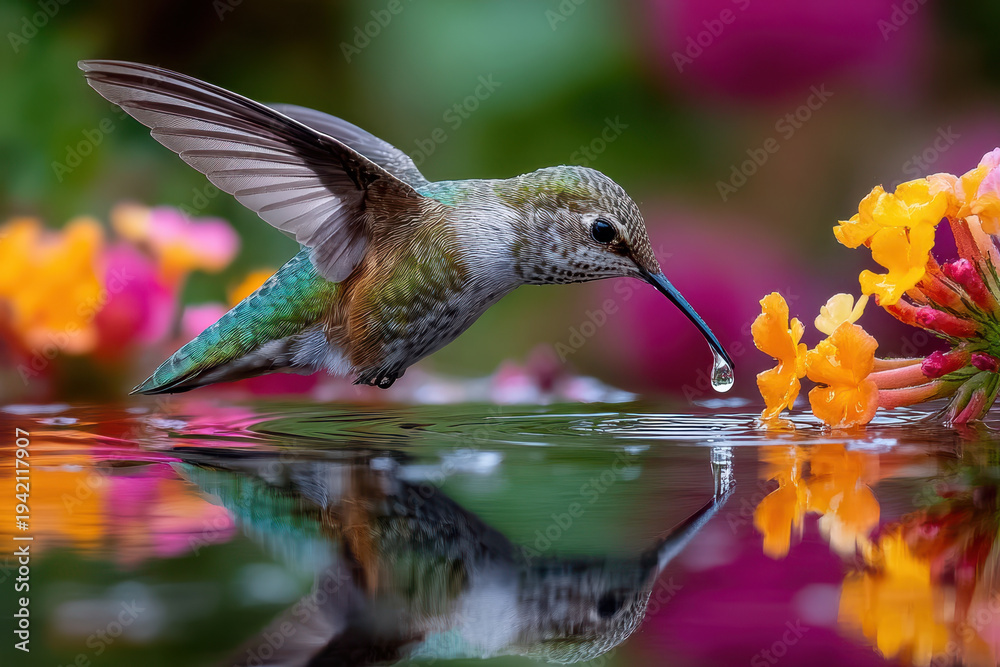 Obraz premium Hummingbird hovers over water, sipping nectar from an orange flower