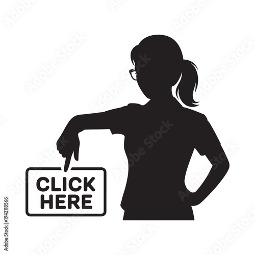 Silhouette of a woman pointing to a button labeled click here