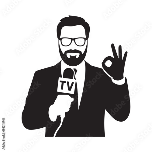 A black silhouette of a news reporter giving an okay gesture