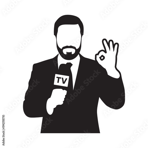 A black silhouette of a news anchor giving a positive signal