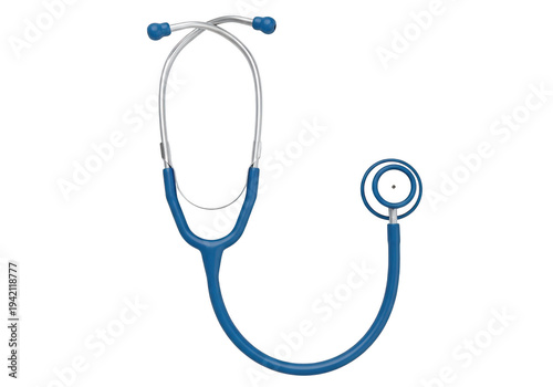 Blue stethoscope with silver accents and blue earpieces isolated on transparent background