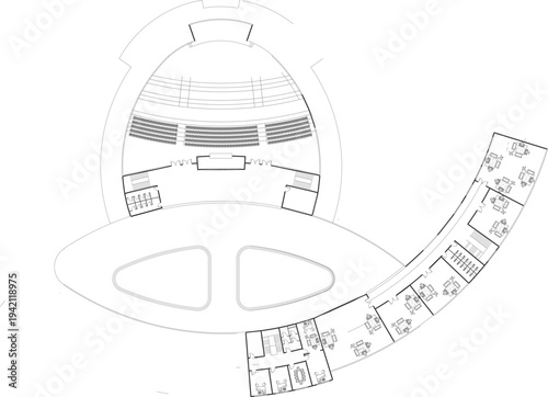 Technical architectural floor plan showing a facility with a large semi-circular auditorium, central lobby, and a curved wing of office or classroom spaces.