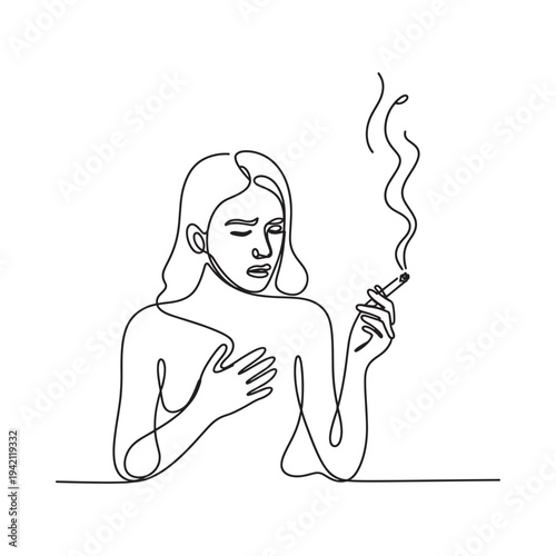 A continuous line drawing depicts a woman smoking with a pained expression