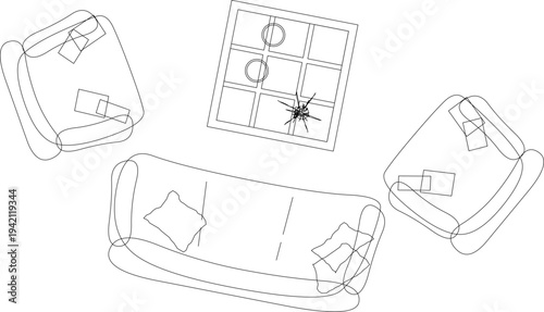 Technical interior design plan view showing furniture layout with three sofas and central coffee table with decorative centerpiece in living room arrangement.