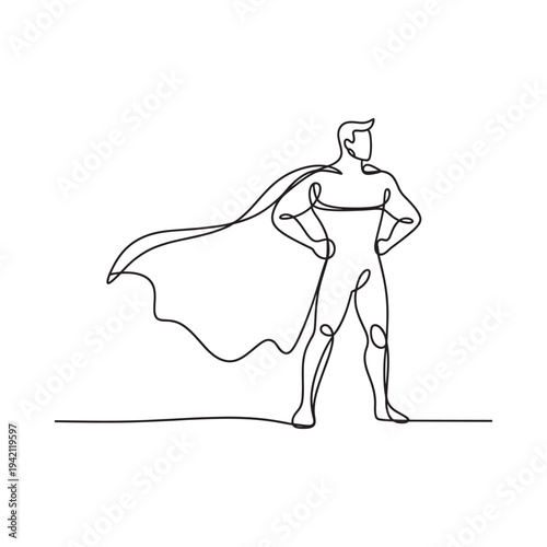 A continuous line drawing depicting a heroic superhero standing proudly