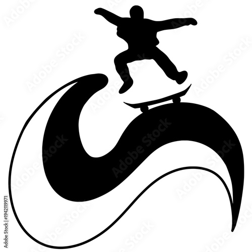 Skateboarder performing a jump trick above a stylized ocean wave shape, representing extreme sport, freedom, balance, youth lifestyle, street culture and adventurous skateboarding action.
