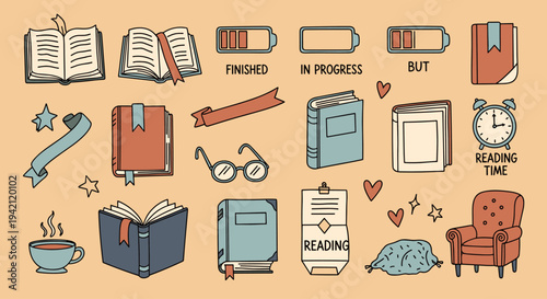 Collection of Cartoon Book and Reading Icons.