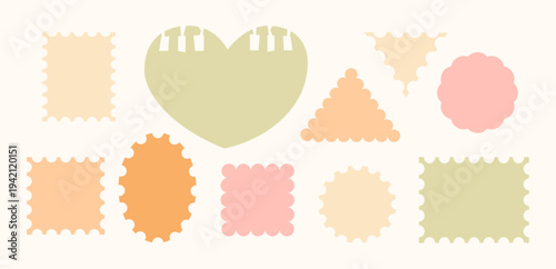 Delicate pastel collection of postage stamp designs in various shapes. Vintage set for digital scrapbooking, journaling, packaging, stickers. Square, circle, oval, heart, rectangle, triangle.