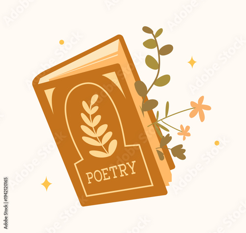 Cute vintage illustration of a poetry book in a decorative brown cover with gilding and flowers. Perfect for bookshops, stickers, World Book Day, book clubs. The concept of reading