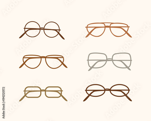 Minimalist collection of stylish glasses with different frame shapes, including round, square and aviator models.