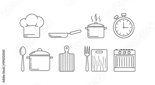 A collection of outlined culinary items featuring various kitchen tools against a clean backdrop