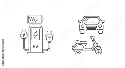 An illustration of EV charging station and electric vehicles. Showing a charging station with a car and a scooter