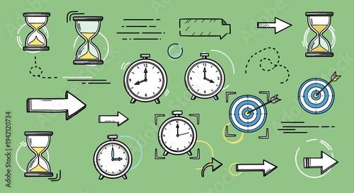 Time Management Clocks and Hourglasses Illustration.