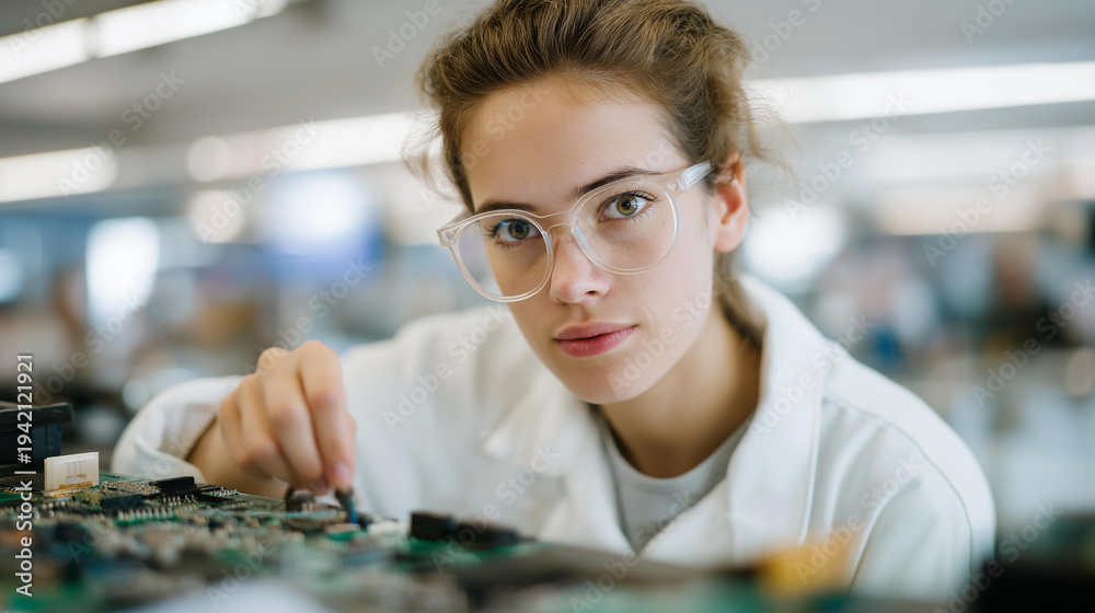 Fototapeta premium Young worker soldering circuit boards at electronics assembly station, magnified view of delicate components being placed with precision tools, perfect for consumer technology manufacturing,