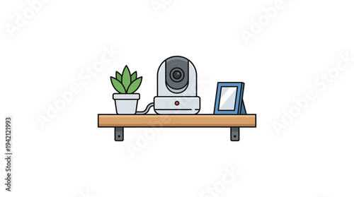 Flat vector outline illustration of a small indoor CCTV camera on a shelf, home monitoring concept, simple flat shapes, limited solid colors, isolated on white background
