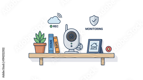Flat vector outline illustration of a small indoor CCTV camera on a shelf, home monitoring concept, simple flat shapes, limited solid colors, isolated on white background