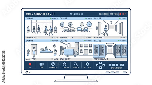 Flat vector outline of a security monitor screen showing multiple CCTV views, surveillance control concept, clean line art, simple shapes, limited solid colors, isolated on white background