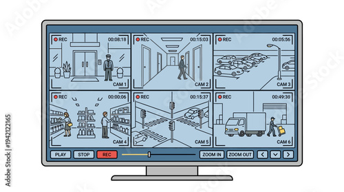 Flat vector outline of a security monitor screen showing multiple CCTV views, surveillance control concept, clean line art, simple shapes, limited solid colors, isolated on white background