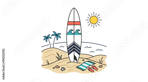 Minimal outline vector of a surfboard standing in sand, beach holiday concept, simple flat illustration, clean line art, limited solid colors