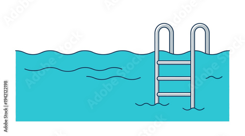 Flat vector outline illustration of a swimming pool ladder and water surface, summer holiday concept