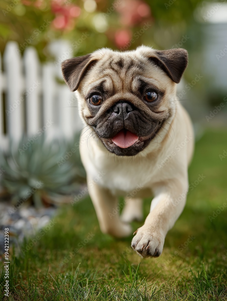 Obraz premium Adorable pug puppy joyfully playing on lush green lawn in backyard garden