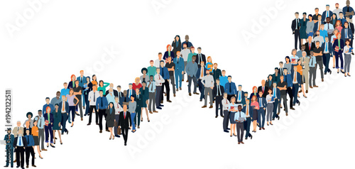 Illustration vectorielle montrant une foule d'employés qui forment une courbe croissante
