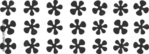 Black Asterisk Shapes with Rounded Petals Arranged in a Grid white background