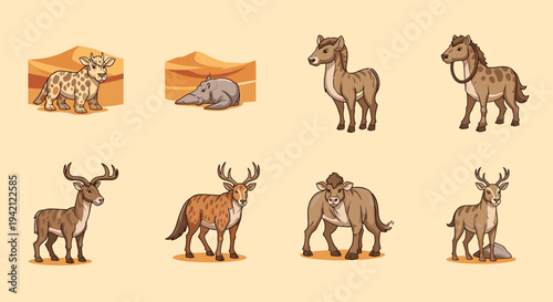 Cartoon set of prehistoric and ancient mammal illustrations