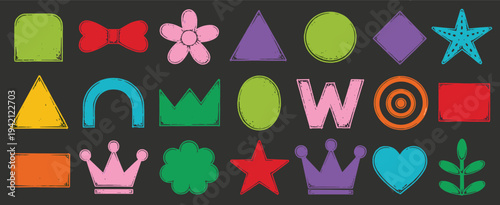 Collection of Colorful Hand- Drawn Geometric Shapes and Objects on Black Background hand-drawn doodle